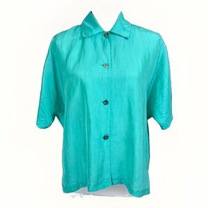 VTG Clio 100% Silk Short Sleeve Shell Button Down Shirt Aqua Blue L Boxy Retro